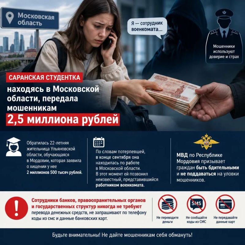 Саранская студентка, находясь в Московской области, передала мошенникам 2,5 миллиона рублей